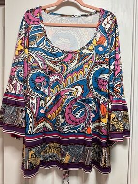 Suzanne Betro Multicolor Paisley Scoop Neck Tunic — Pink Blue Yellow Cream